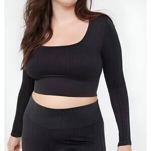 Offline by Aerie Ribbed Cropped Top Square Neck Long Sleeve Black Medium New
